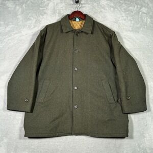 Schott Coat Mens 44 Green Wool Overcoat Quilted Lined Made In USA Mid Length